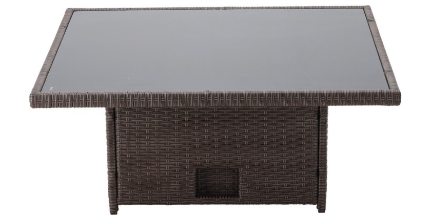 Salon de jardin d’angle ESTERIA 7 places brun avec coussins crème et table relevable 