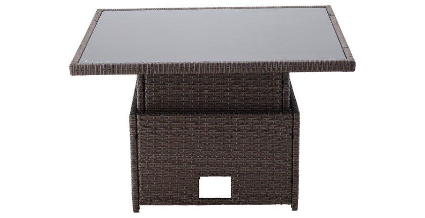 Salon de jardin d’angle ESTERIA 7 places brun avec coussins crème et table relevable 