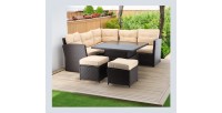 Salon de jardin d’angle ESTERIA 7 places brun avec coussins crème et table relevable