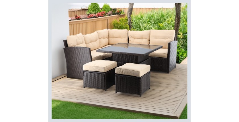 Salon de jardin d’angle ESTERIA 7 places brun avec coussins crème et table relevable