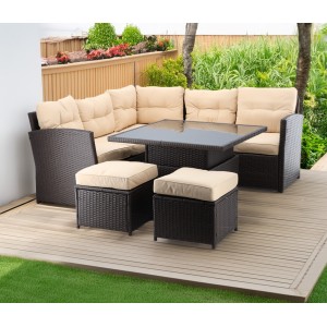 Salon de jardin d’angle ESTERIA 7 places brun avec coussins crème et table relevable