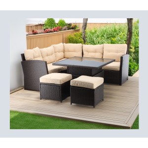 Salon de jardin d’angle ESTERIA 7 places brun avec coussins crème et table relevable