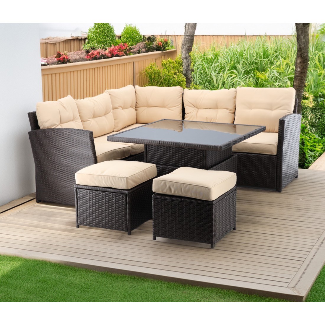 Salon de jardin d’angle ESTERIA 7 places brun avec coussins crème et table relevable