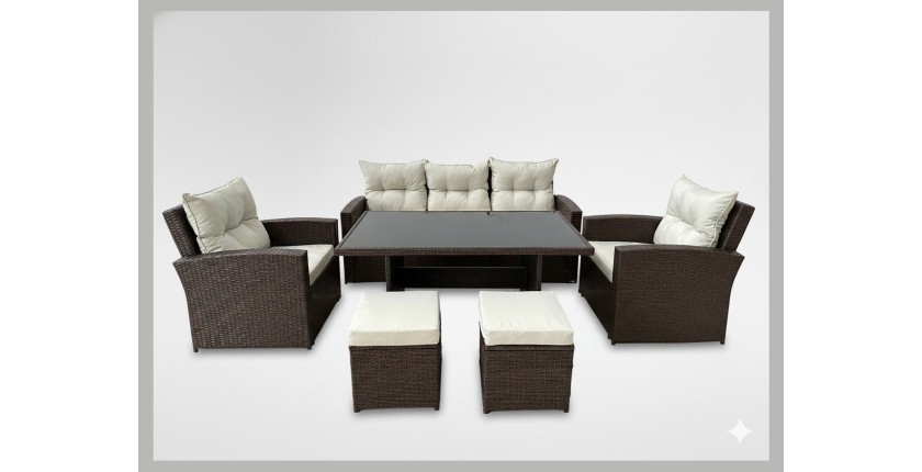 Salon de jardin SORAVIA 7 places brun et beige avec canapé, fauteuils, poufs et table 