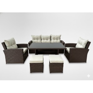 Salon de jardin SORAVIA 7 places brun et beige avec canapé, fauteuils, poufs et table 