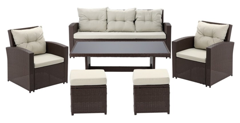 Salon de jardin SORAVIA 7 places brun et beige avec canapé, fauteuils, poufs et table