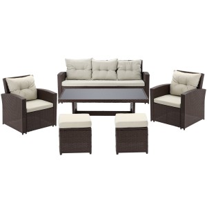 Salon de jardin SORAVIA 7 places brun et beige avec canapé, fauteuils, poufs et table
