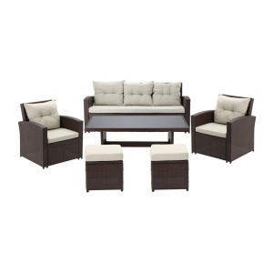 Salon de jardin SORAVIA 7 places brun et beige avec canapé, fauteuils, poufs et table