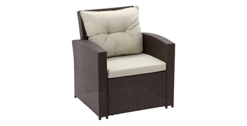 Salon de jardin SORAVIA 7 places brun et beige avec canapé, fauteuils, poufs et table 