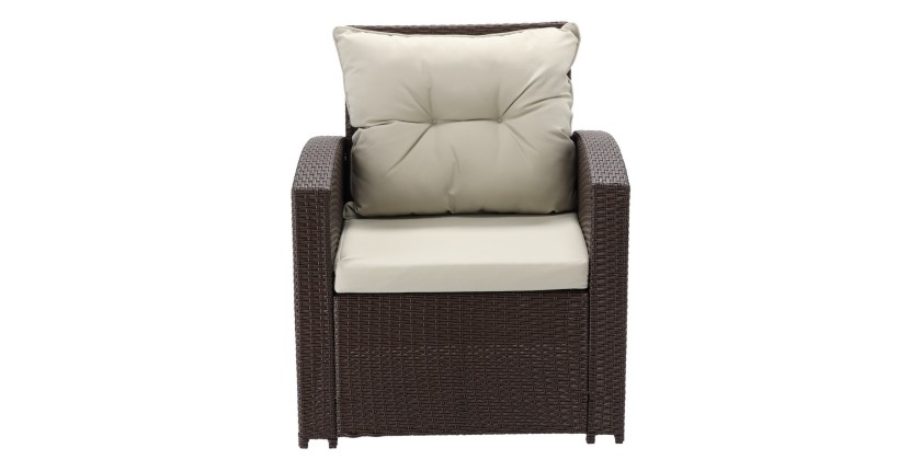 Salon de jardin SORAVIA 7 places brun et beige avec canapé, fauteuils, poufs et table 