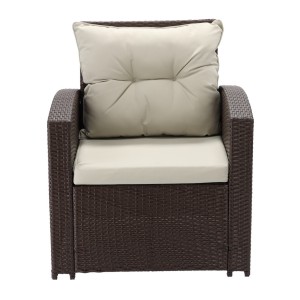 Salon de jardin SORAVIA 7 places brun et beige avec canapé, fauteuils, poufs et table 