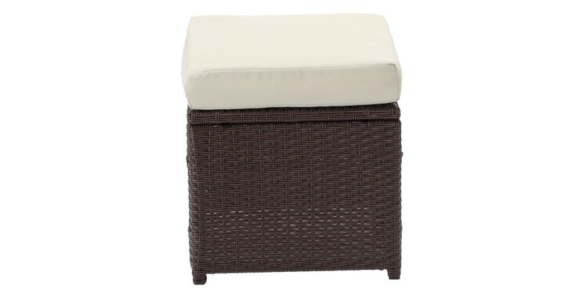 Salon de jardin SORAVIA 7 places brun et beige avec canapé, fauteuils, poufs et table 