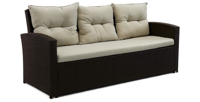 Salon de jardin SORAVIA 7 places brun et beige avec canapé, fauteuils, poufs et table 