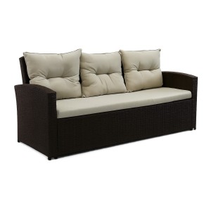 Salon de jardin SORAVIA 7 places brun et beige avec canapé, fauteuils, poufs et table 