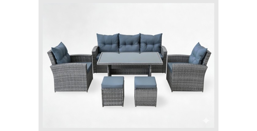 Salon de jardin SORAVIA 7 places gris foncé avec canapé, fauteuils, poufs et table 