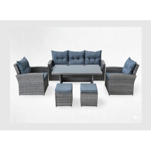 Salon de jardin SORAVIA 7 places gris foncé avec canapé, fauteuils, poufs et table 