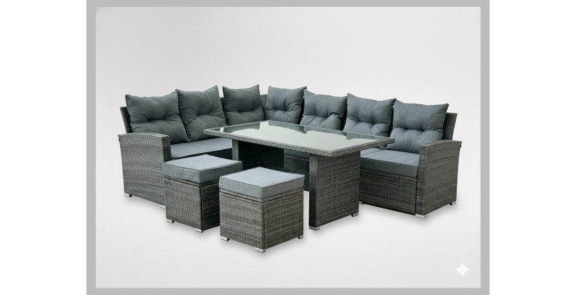 Salon de jardin ASTORIA 9 places gris foncé avec canapé d’angle, poufs et table 