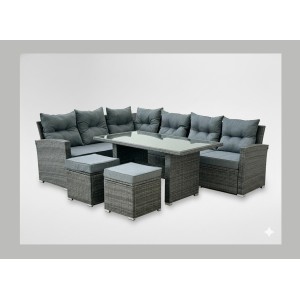 Salon de jardin ASTORIA 9 places gris foncé avec canapé d’angle, poufs et table 