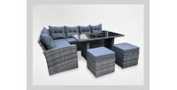 Salon de jardin ASTORIA 9 places gris foncé avec canapé d’angle, poufs et table 