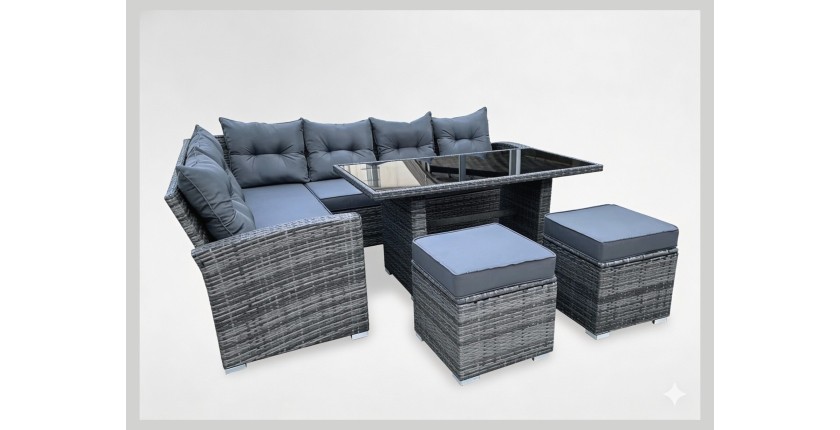 Salon de jardin ASTORIA 9 places gris foncé avec canapé d’angle, poufs et table 