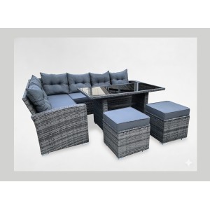 Salon de jardin ASTORIA 9 places gris foncé avec canapé d’angle, poufs et table 