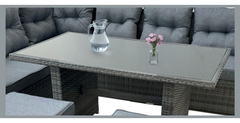 Salon de jardin ASTORIA 9 places gris foncé avec canapé d’angle, poufs et table 