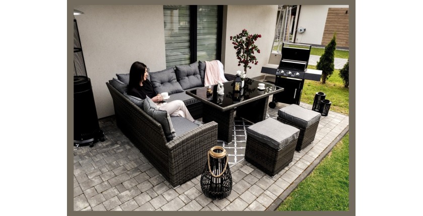 Salon de jardin ASTORIA 9 places gris foncé avec canapé d’angle, poufs et table 