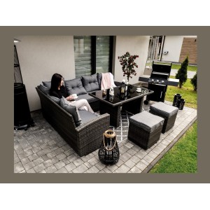 Salon de jardin ASTORIA 9 places gris foncé avec canapé d’angle, poufs et table 