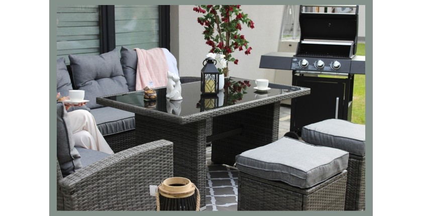 Salon de jardin ASTORIA 9 places gris foncé avec canapé d’angle, poufs et table 