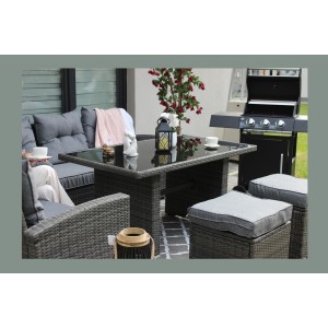 Salon de jardin ASTORIA 9 places gris foncé avec canapé d’angle, poufs et table 