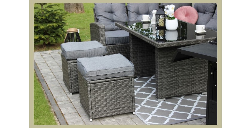Salon de jardin ASTORIA 9 places gris foncé avec canapé d’angle, poufs et table 