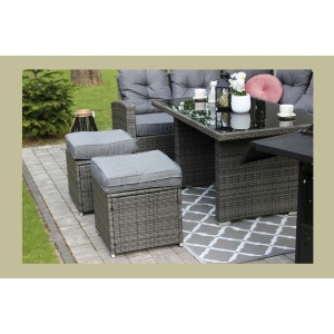 Salon de jardin ASTORIA 9 places gris foncé avec canapé d’angle, poufs et table 