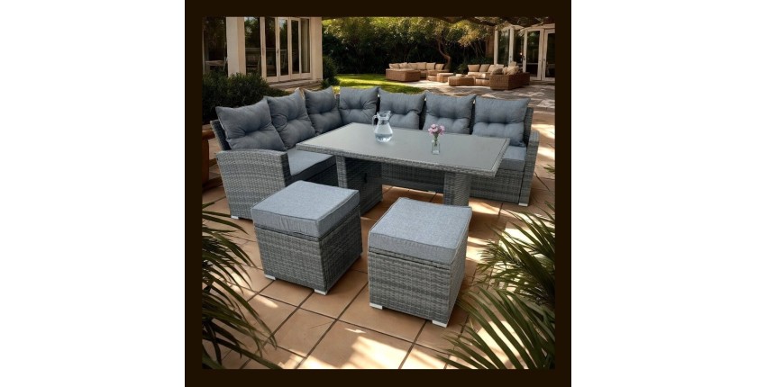 Salon de jardin ASTORIA 9 places gris foncé avec canapé d’angle, poufs et table