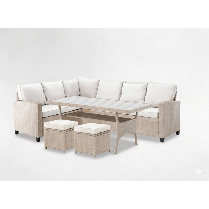 Salon de jardin d’angle LIVANA avec table et 2 poufs beige et brun clair 