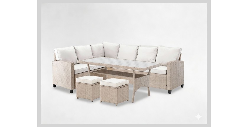Salon de jardin d’angle LIVANA avec table et 2 poufs beige et brun clair 