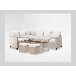 Salon de jardin d’angle LIVANA avec table et 2 poufs beige et brun clair 