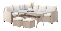 Salon de jardin d’angle LIVANA avec table et 2 poufs beige et brun clair