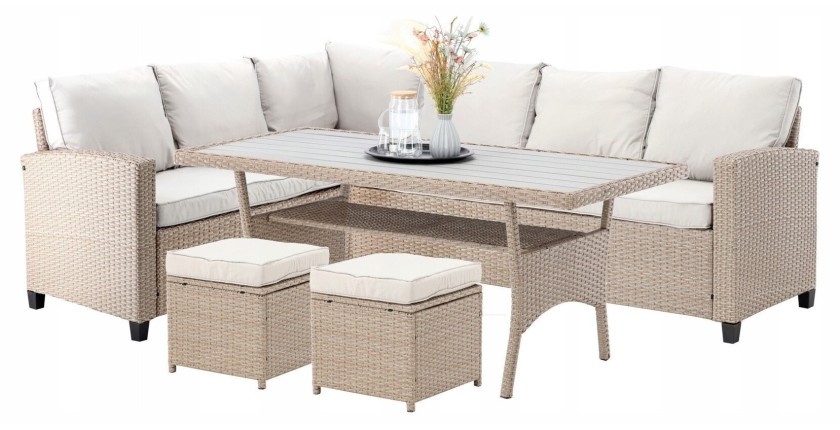 Salon de jardin d’angle LIVANA avec table et 2 poufs beige et brun clair