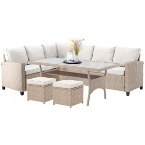 Salon de jardin d’angle LIVANA avec table et 2 poufs beige et brun clair