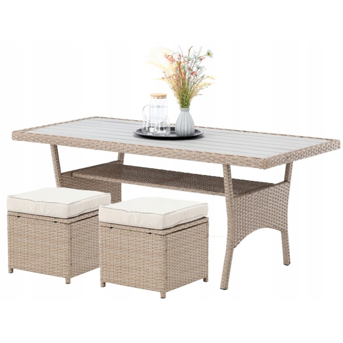 Salon de jardin d’angle LIVANA avec table et 2 poufs beige et brun clair 