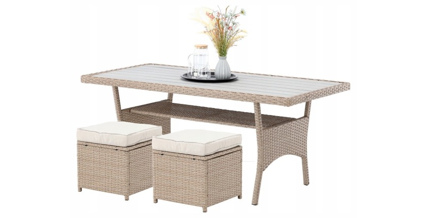 Salon de jardin d’angle LIVANA avec table et 2 poufs beige et brun clair 