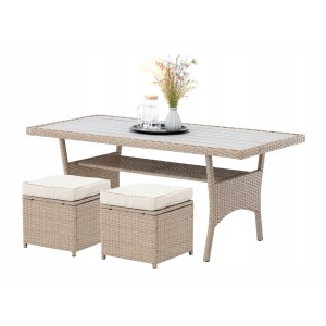 Salon de jardin d’angle LIVANA avec table et 2 poufs beige et brun clair 