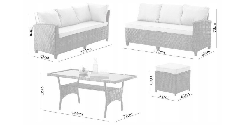 Salon de jardin d’angle LIVANA avec table et 2 poufs beige et brun clair 