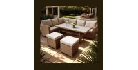 Salon de jardin d’angle LIVANA avec table et 2 poufs beige et brun clair