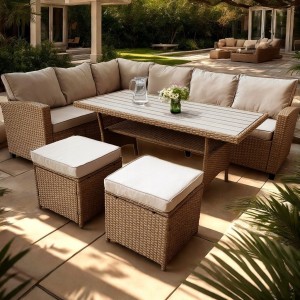 Salon de jardin d’angle LIVANA avec table et 2 poufs beige et brun clair