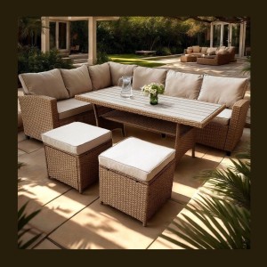 Salon de jardin d’angle LIVANA avec table et 2 poufs beige et brun clair