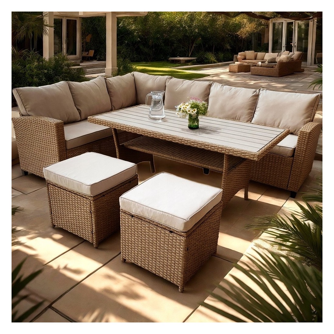 Salon de jardin d’angle LIVANA avec table et 2 poufs beige et brun clair
