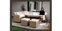 Salon de jardin d’angle LIVANA avec table et 2 poufs beige et brun clair 