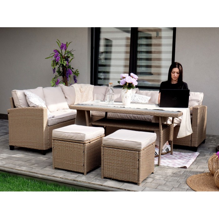 Salon de jardin d’angle LIVANA avec table et 2 poufs beige et brun clair 