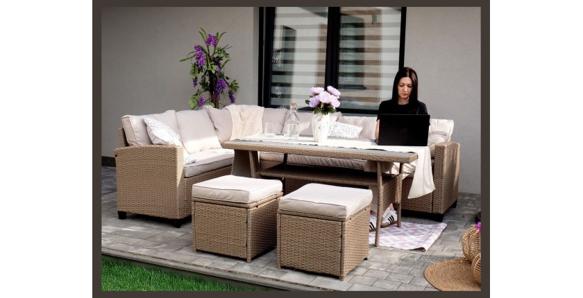 Salon de jardin d’angle LIVANA avec table et 2 poufs beige et brun clair 